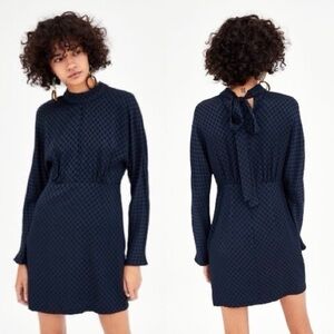 🔥NWT ZARA Polka Dots Navy Mini Long Sleeves Bow Tie Cocktail Formal Party Dress